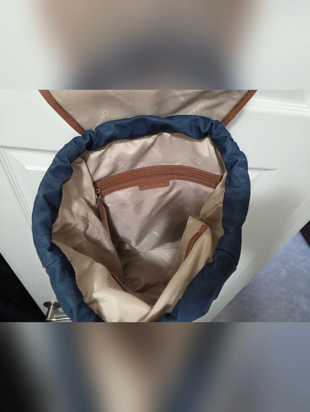 Calvin Klein Navy Blue Backpack with Brown Trim